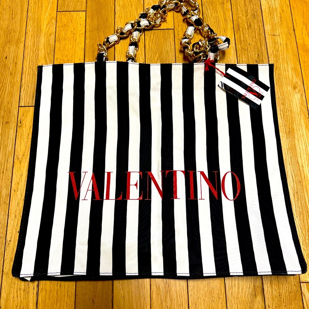 Valentino Black and White Striped Tote with Red Logo and Gold Chain